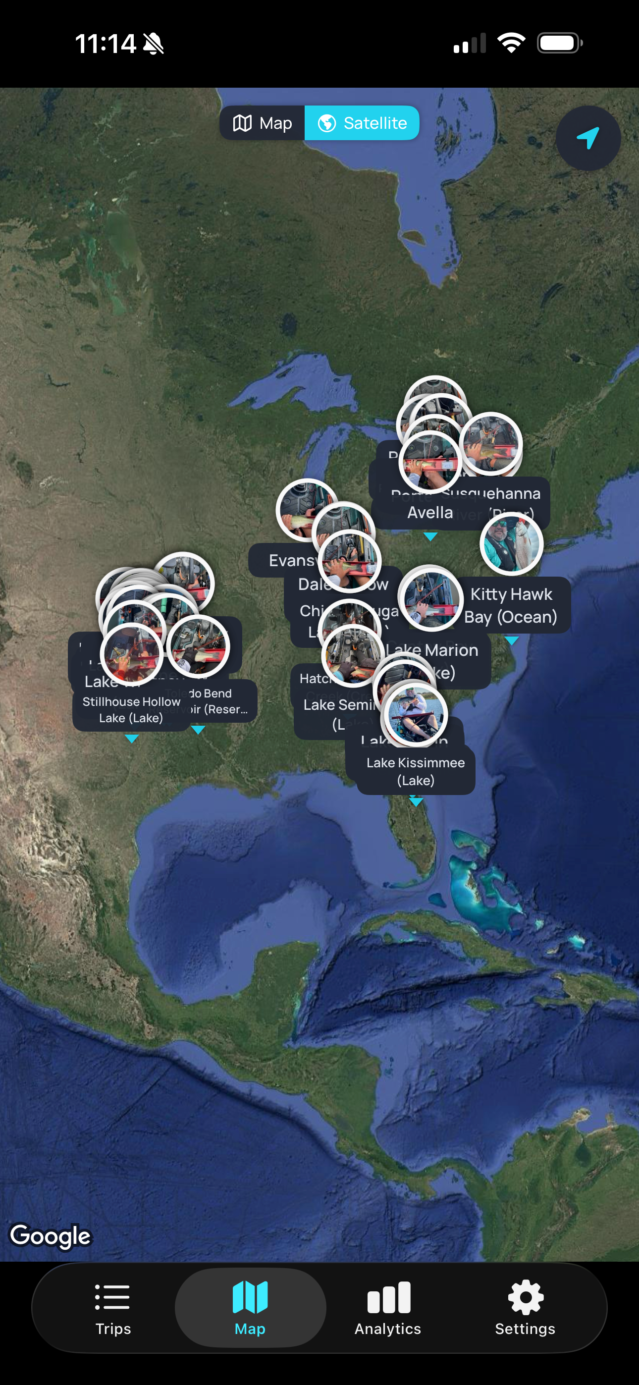 CatchIQ interactive map with GPS-tagged catch locations