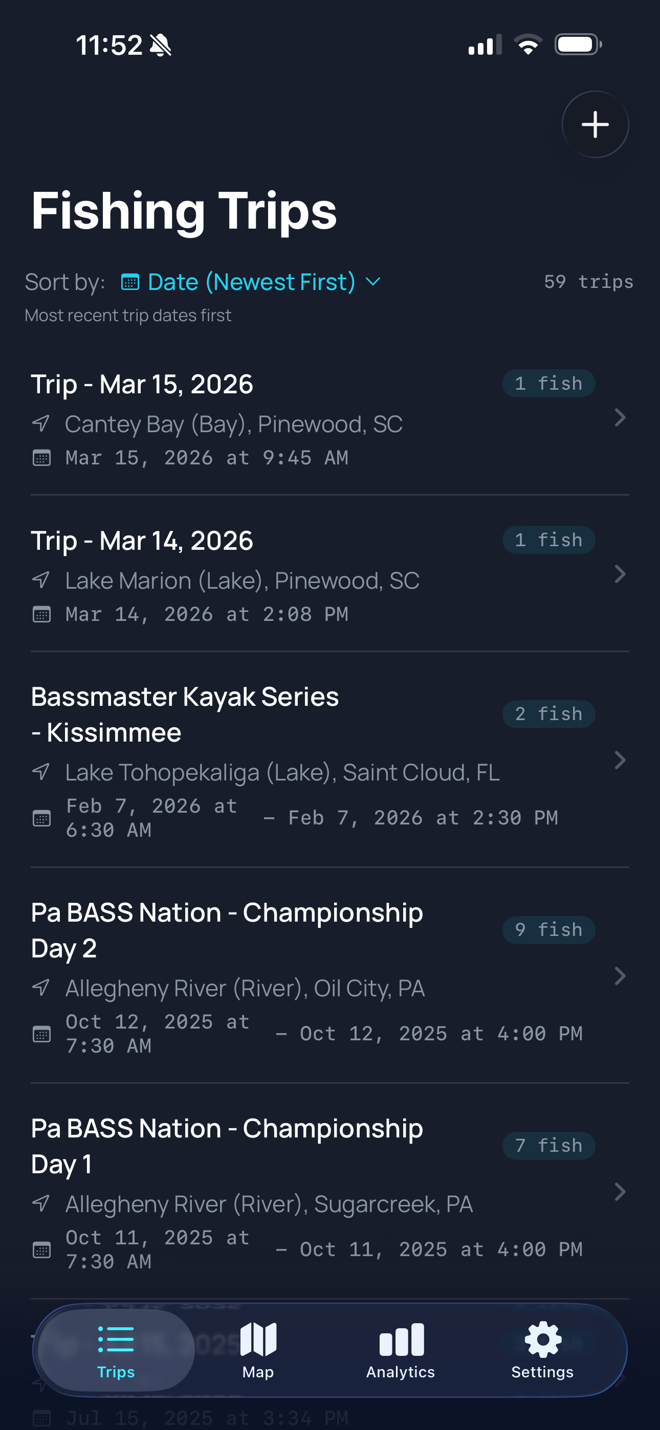 CatchIQ trip timeline showing fishing session details and catch list